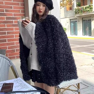 炸街羊羔毛外套女2024冬新款 宽松百搭加厚摇粒绒毛毛皮草黑色大衣