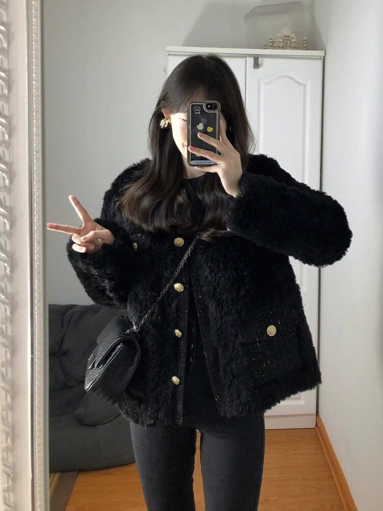 冬季新款高级小香风羊羔毛绒外套女设计韩系气质名媛加厚夹棉棉衣