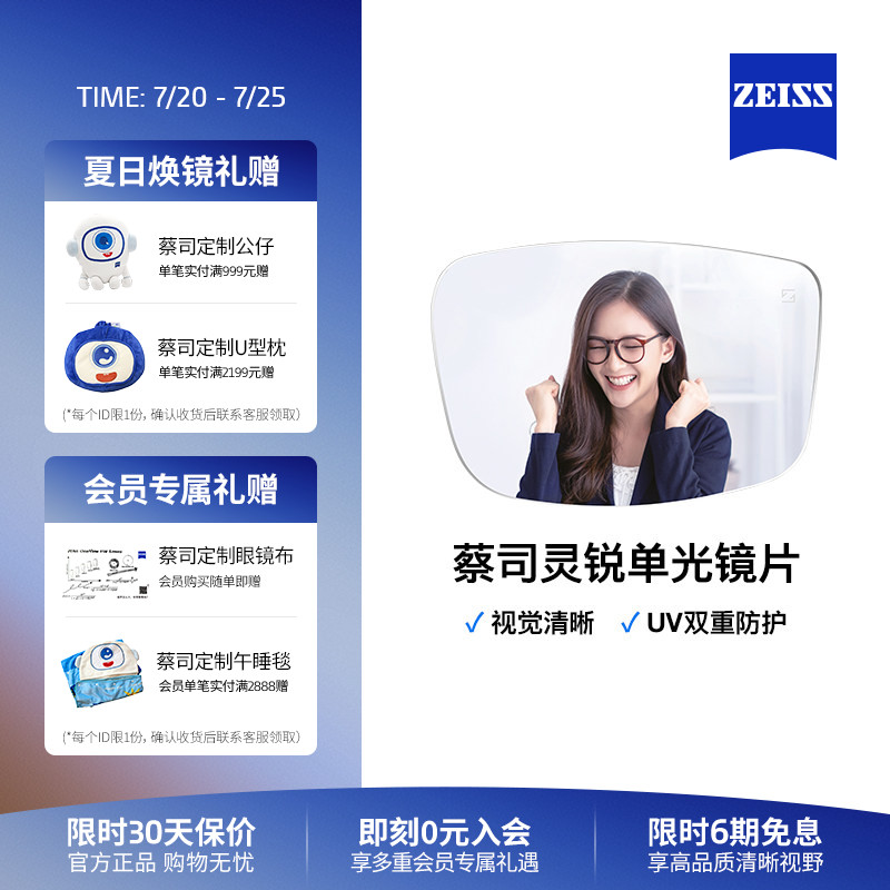 ZEISS/蔡司镜片 灵锐钻立方膜/焕色视界X眼镜片  男女可配近视2片