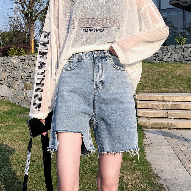 高腰破洞五分牛仔短裤女2020年夏季百搭毛边马裤网红骑行5分中裤