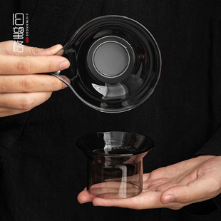 旧望格 烟灰色平把茶漏套装 网纱一体过滤茶漏耐热玻璃茶滤水器