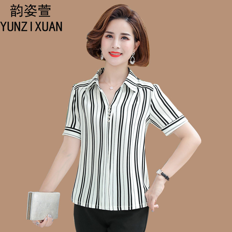 妈妈夏装套装短袖t恤洋气中年女上衣两件套新款薄衬衫中老年雪纺