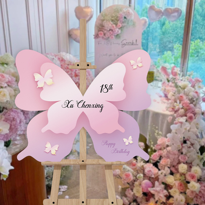 网红蝴蝶生日迎宾牌儿童女孩18十岁成人礼派对场景布置指引牌kt板
