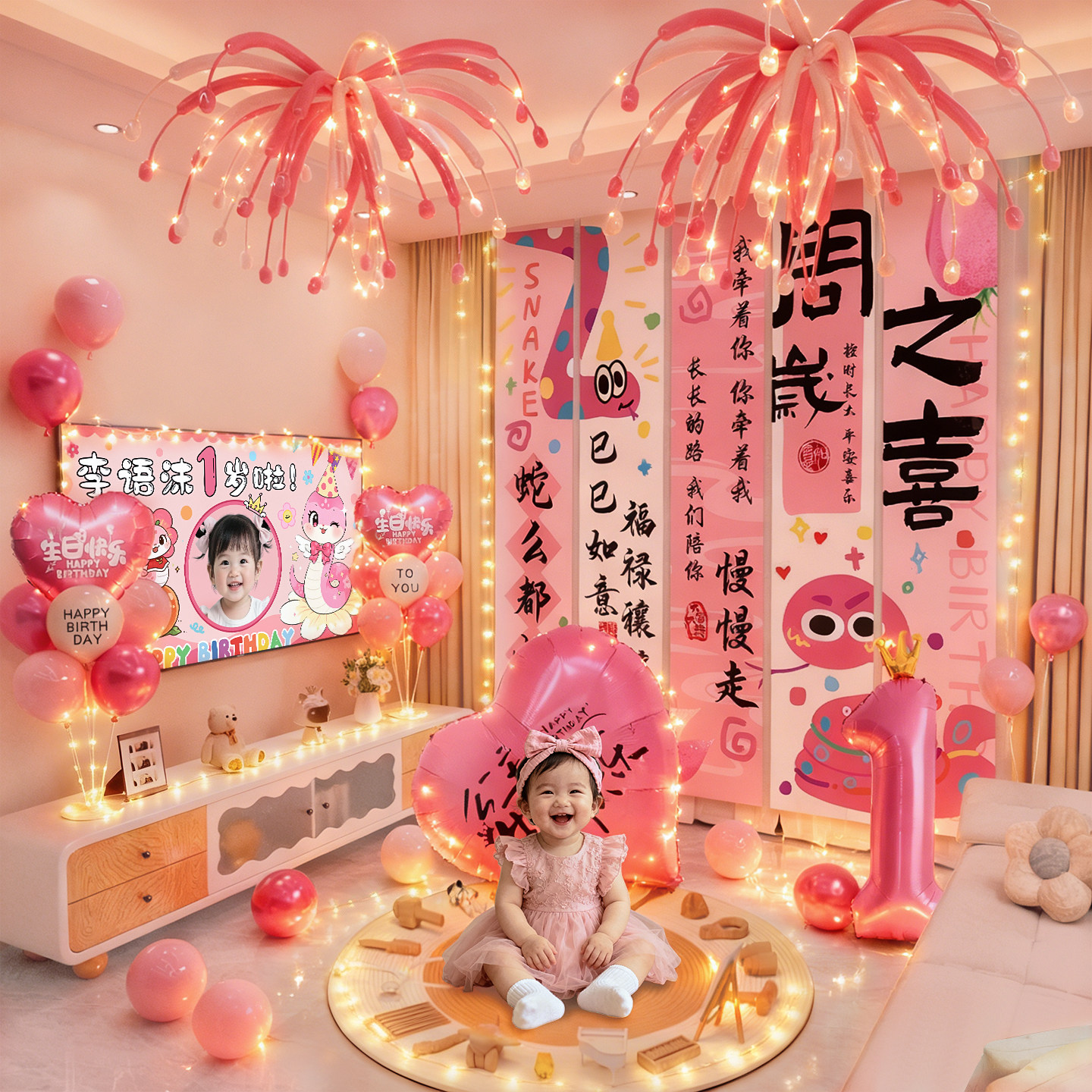 女孩一周岁生日布置蛇宝宝抓周礼仪式客厅场景装饰条幅挂布背景墙,节庆用品/礼品,节日装扮用品,淘宝优惠券,粉丝福利购,淘宝优惠卷
