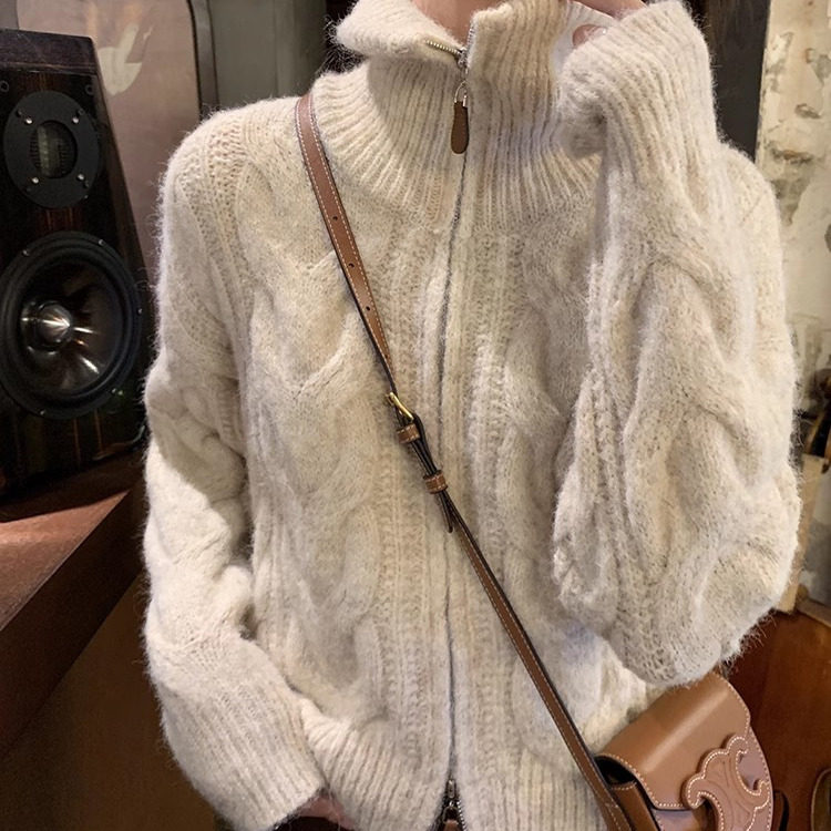 100%山羊绒开衫女加厚2025秋冬新款宽松显瘦拉链麻花针织毛衣外套