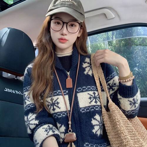 100%山羊绒开衫女加厚复古费尔岛26秋冬新款提花拼色针织毛衣外套