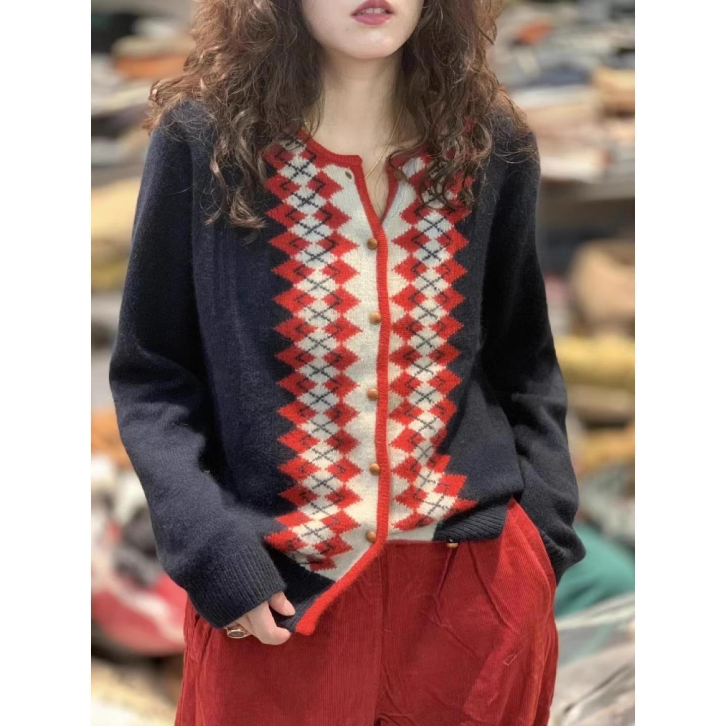 菱形格纹100%纯山羊绒开衫女