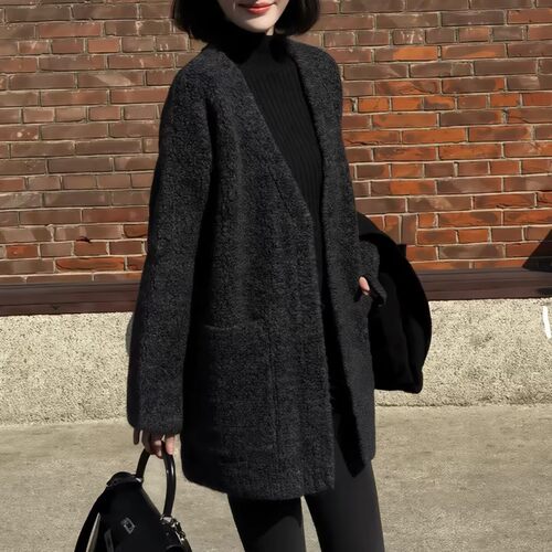 100%纯山羊绒针织开衫女中长款2026秋冬新款宽松大码加厚毛衣外套