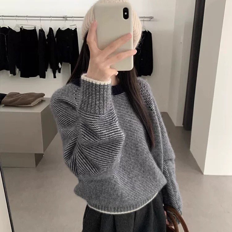 100%纯山羊绒毛衣女撞色条纹