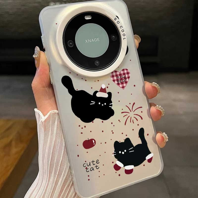 圣诞帽黑猫适用于苹果17适用华为适用oppo适用小米适用红米适用iphone镜头大孔加高卡通情侣彩银手机壳