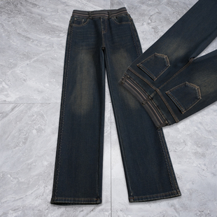 复古松紧腰窄版牛仔直筒裤女秋冬季新款长裤子加绒加厚弹力阔腿裤