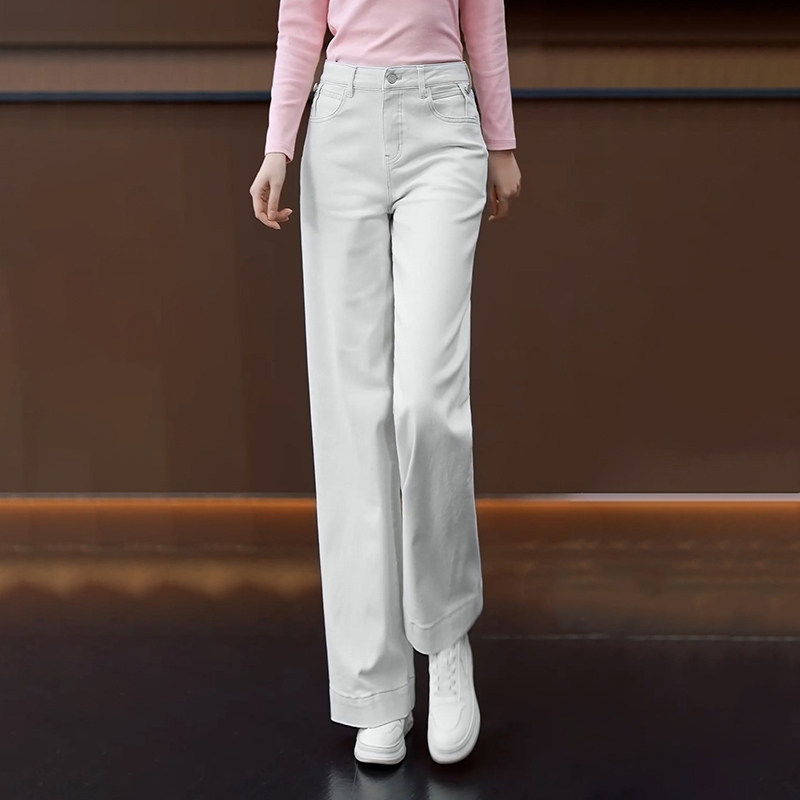 米白色水洗棉窄版阔腿牛仔裤女春秋新款高腰显瘦直筒裤弹力休闲裤