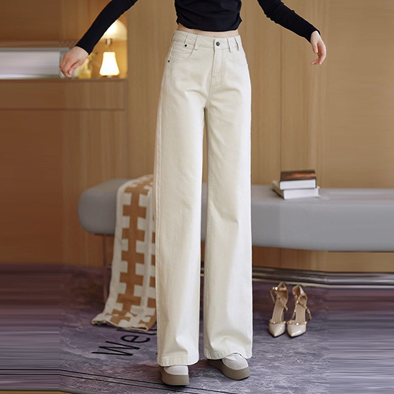 米白色高腰显瘦牛仔阔腿裤女春秋新款宽松长裤百搭通勤窄版直筒裤