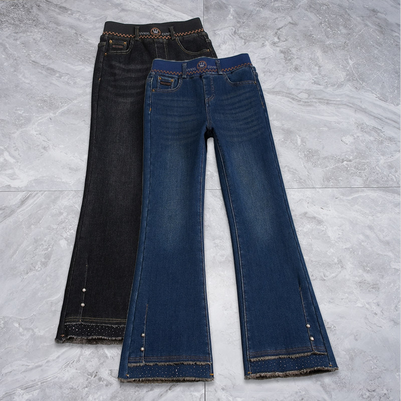 黑色松紧腰牛仔微喇裤女春秋款加绒加厚小个子马蹄裤毛边喇叭长裤