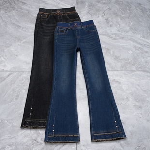 黑色松紧腰牛仔微喇裤女秋冬款加绒加厚小个子马蹄裤毛边喇叭长裤