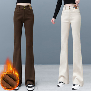 高腰加绒牛仔马蹄裤女秋冬新款弹力修身显瘦喇叭裤拖地微喇裤子