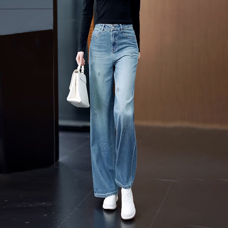 烫钻刺绣时尚窄版直筒牛仔裤女宽松显瘦春秋2026年新款阔腿拖地裤