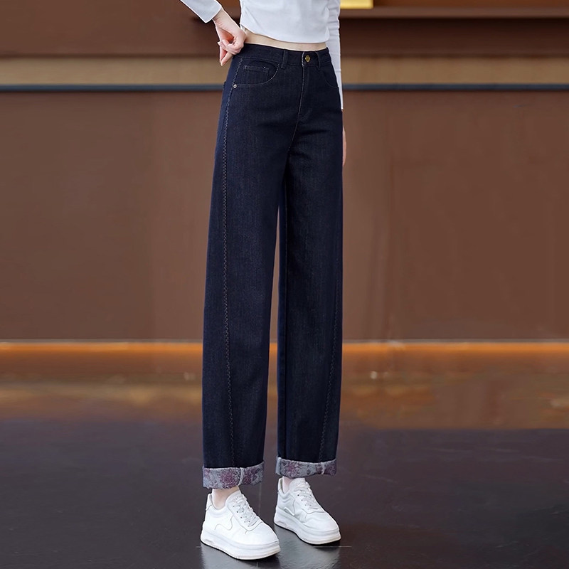 高腰直筒牛仔裤弯刀女宽松透气舒适春秋显瘦百搭休闲翻边阔腿裤