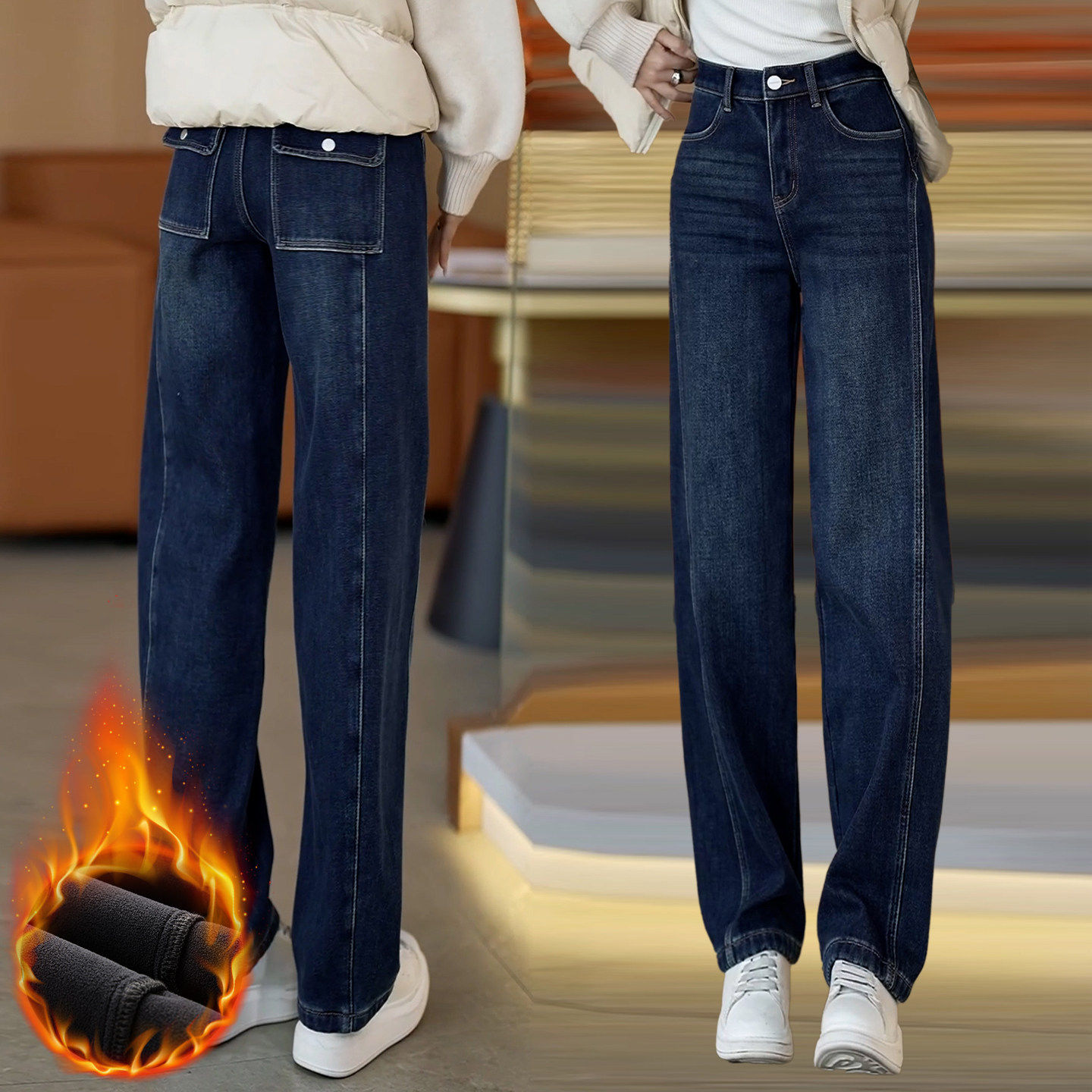 宽松加绒弯刀牛仔裤女秋冬新款高腰显瘦香蕉阔腿裤加厚保暖直筒裤