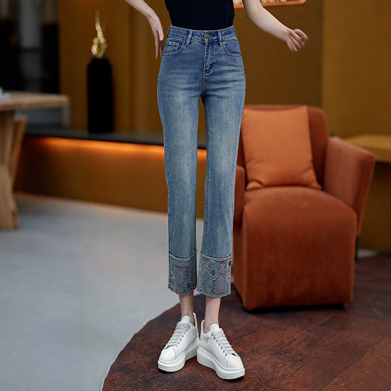 翻边九分时尚新中式烟管小直筒牛仔裤女2026年春秋新款百搭哈伦裤