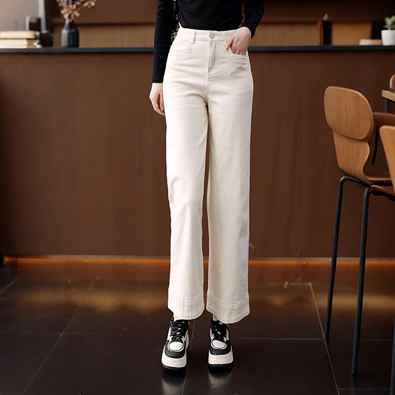 米白色水洗棉软牛仔直筒裤女宽松显瘦春秋2026年新款九分阔腿休闲