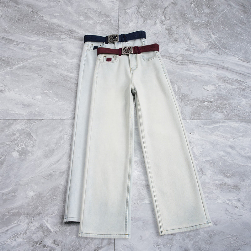 配腰带浅色时尚牛仔直筒裤女窄版宽松显瘦高腰秋冬加绒加厚阔腿裤