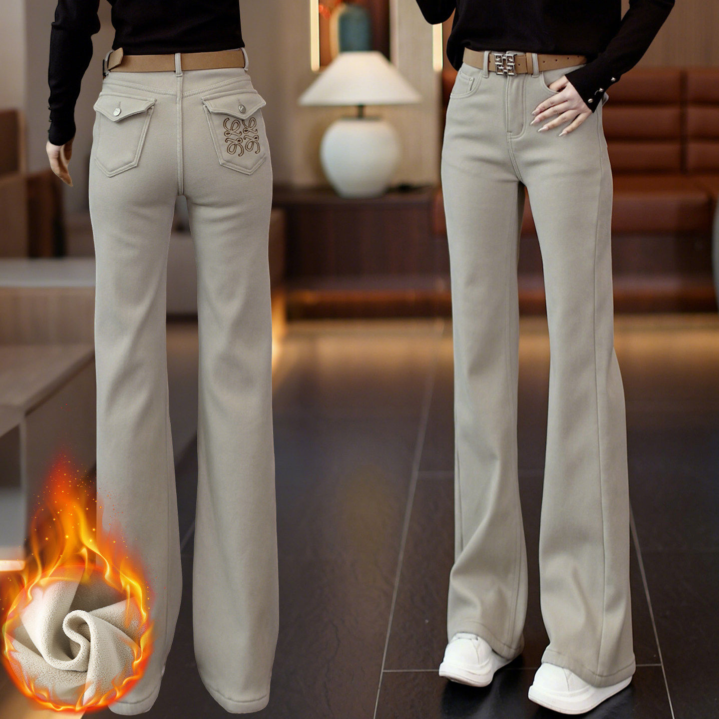 时尚洋气牛仔微喇裤女春秋加绒加厚高腰喇叭裤弹力显瘦修身九分裤