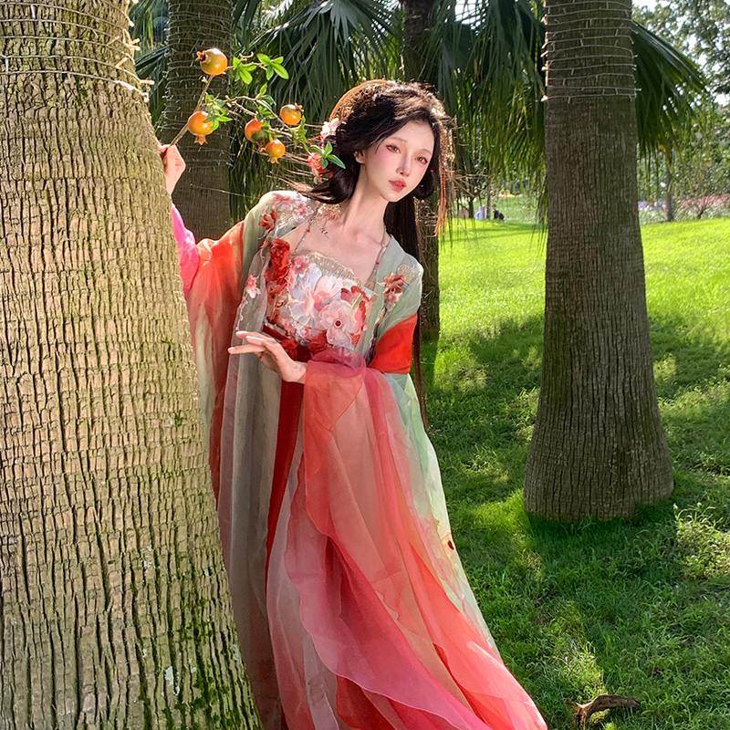 芥子记【石榴花神】唐大袖刺绣齐胸诃子裙 花瓣袖 齐腰 汉服原创