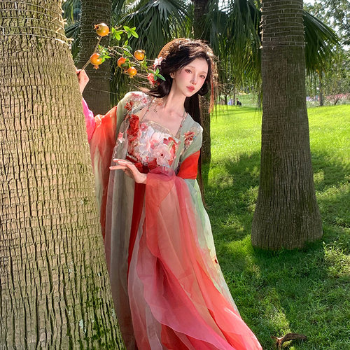 芥子记【石榴花神】唐大袖刺绣齐胸诃子裙 花瓣袖 齐腰 汉服原创
