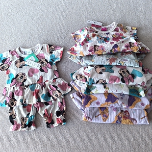 80-120码~夏装女童装 柔软提花棉荷叶边短袖灯笼裤家居服套装
