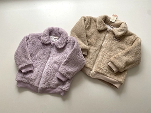 110-130码~外贸日单秋冬款女童装 夹薄棉小翻领拉链外套毛绒棉服