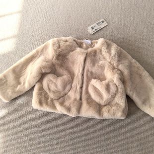 1-10岁~外贸Y单冬装女童装 柔软拉链口袋米白色仿皮草短款外套