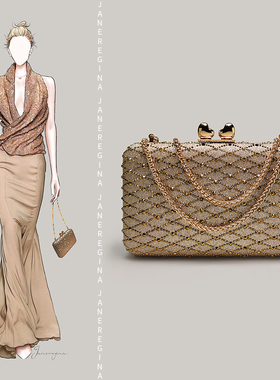 高级感菱格纹晚宴包旗袍礼服搭配的手拿包包女闪亮烫钻斜挎小方包