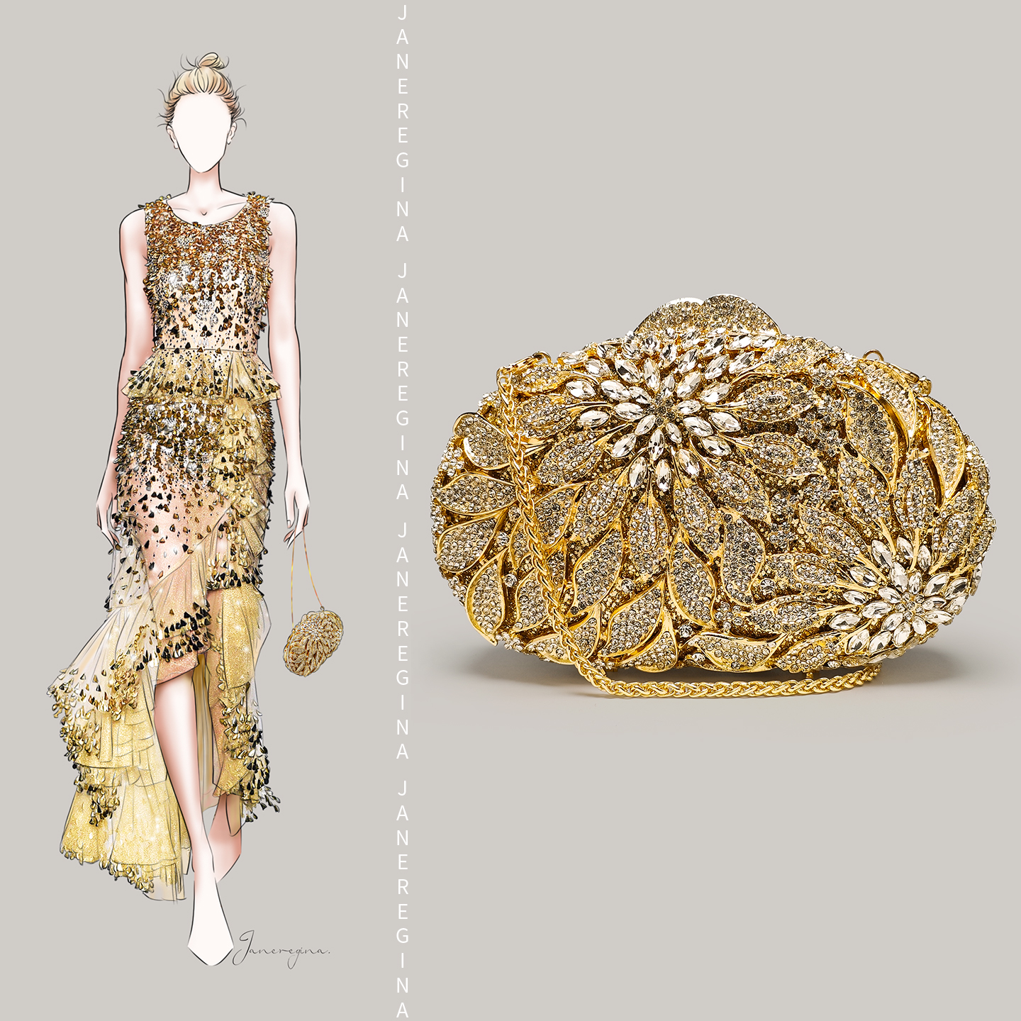 镶钻金色晚宴手拿包花朵闪亮小包