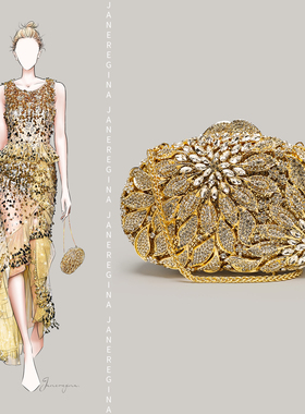 镶钻金色晚宴手拿包花朵闪亮小包包女新中式旗袍礼服搭配高级手包