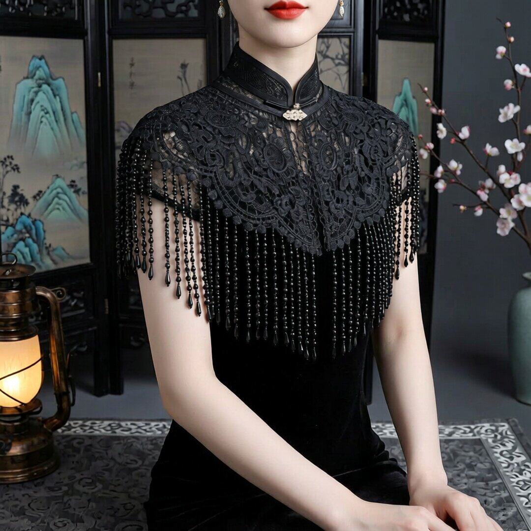 百搭珍珠流苏轻熟女旗袍古风云肩勾花镂空花边假领子单领圈坎披肩