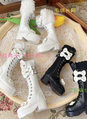 四分bid帅气长靴高跟骑士靴子4分蝴蝶结毛绒靴冬季保暖系带靴子