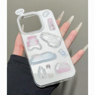 ins風小熊貼紙手機殼適用iPhone16 14簡約紅米K80pro高級感華為pura70 mate70保護套新款 15promax小眾小米15
