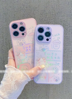 卡通镭射招财猫适用于iPhone17可爱苹果12/13/14/15promax创意Mate70/80Pro金属直边华为Pura80/70全包保护套