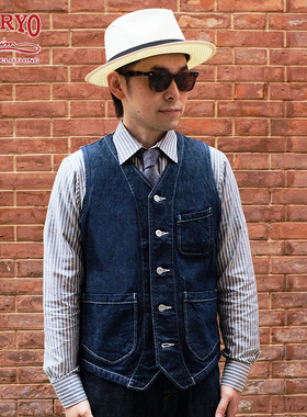 TENRYO 日产冈山13ozDenim日系美式复古工装牛仔马甲背心原色休闲