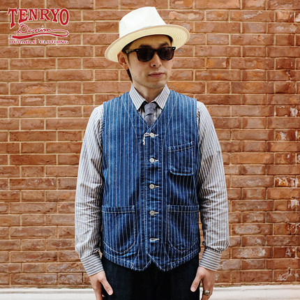 TENRYO 日产冈山13oz wabash日系美式复古拔染工装马甲背心咔叽男