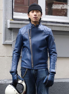 Addict AD-04日产英式立领斜拉菱格机车蓝色皮衣夹克外套茶芯羊皮
