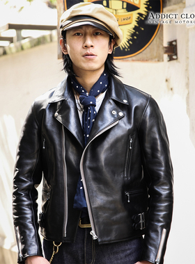 Addict AD-02日产英式复古斜拉机车皮衣夹克外套真皮高端植鞣马皮