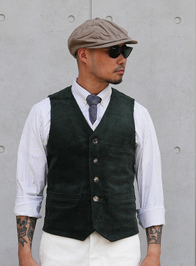 TankZero日本进口灯芯绒 复古修身v领工装马甲背心咔叽纯色