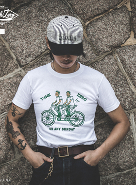 TANKZERO美式复古自行车印花TEE圆领小领口修身T恤筒织中磅优质棉