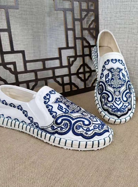 中国风刺绣牛筋底江南色鬼布艺手工男一脚蹬西山布鞋京剧花旦脸谱