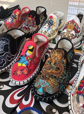 2019春秋低帮江南色鬼社会人脸谱刺绣花西山手工千层底布鞋男韩版