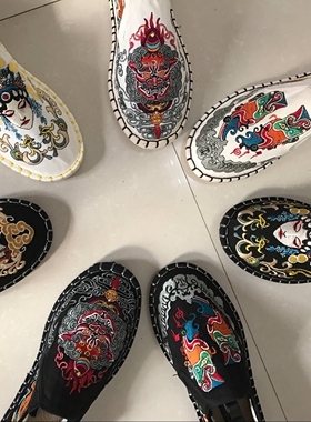 布仆纯手工正品京剧脸谱色鬼千层底刺绣亚麻男女士时尚潮鞋花布鞋
