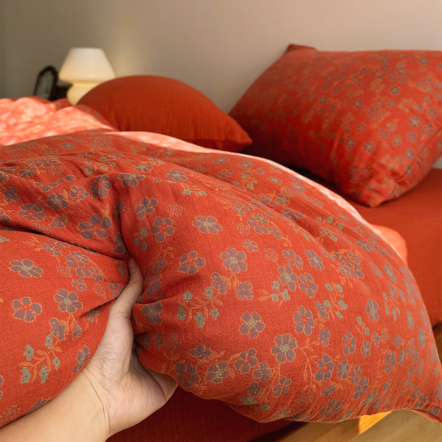 红色喜庆A类全棉色织提花双层纱被套单件1.8床上四件套棉被套纯棉