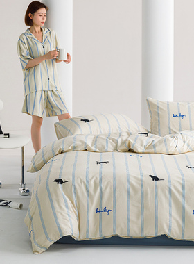 北欧简约蓝色条纹猫被套单件全棉纯棉单双人被罩+枕套150*200*230